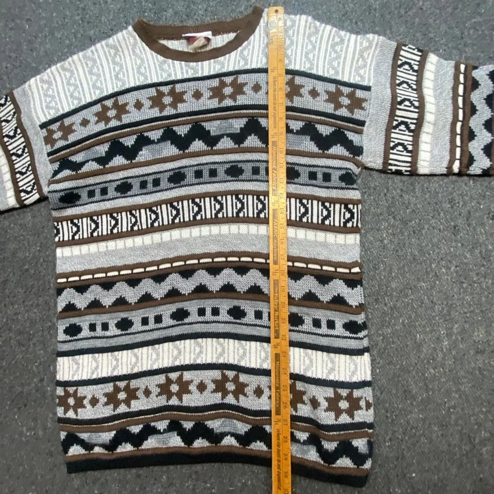 JJ Poole Geometric Fair Isle Sweater Sz S Mens Brown Grey 90s Skater Knit Crew